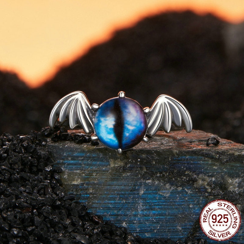 S925 Sterling Silver Wings Blue Devil's Eye Open Ring