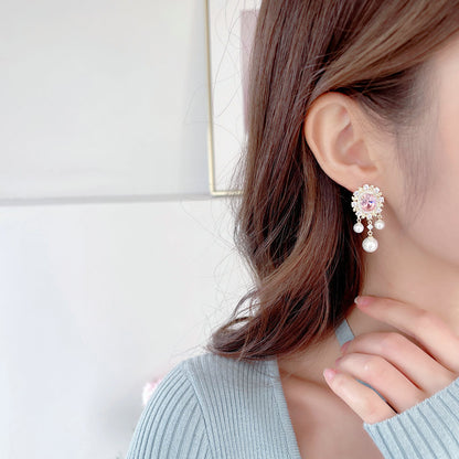 Oval Zircon Inlaid Pearl Tassel Earrings